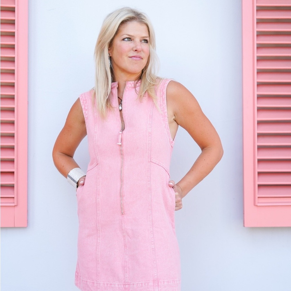 Pink Sleeveless Denim Mini Dress